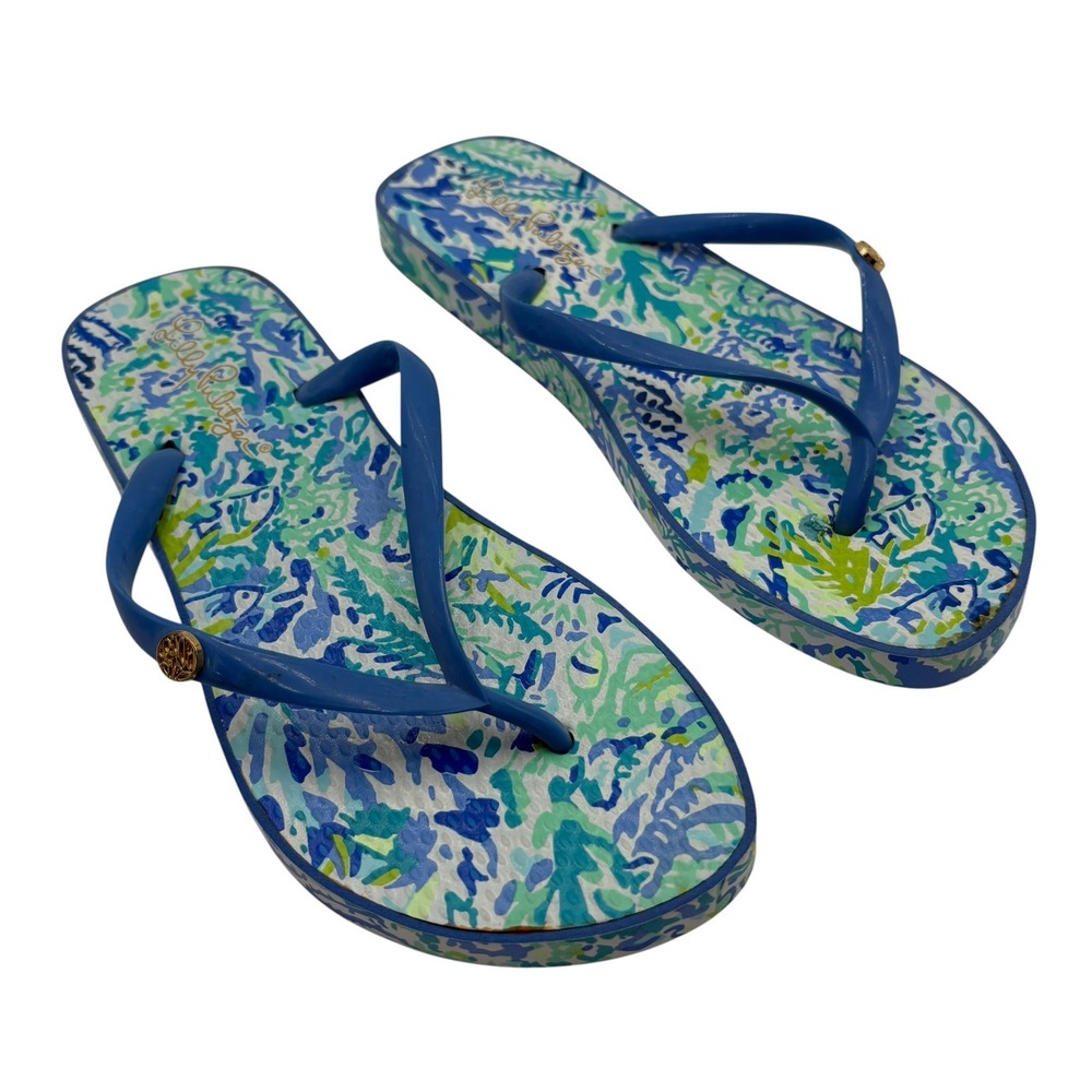 Lilly Pulitzer Womens Flip Flops Thong Sandals Size 5/6 Coral Blue Print